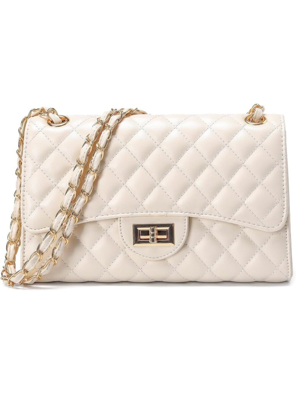 Women's Beige Quilted Leather Satchel Chain Strap Crossbody Shoulder Bag